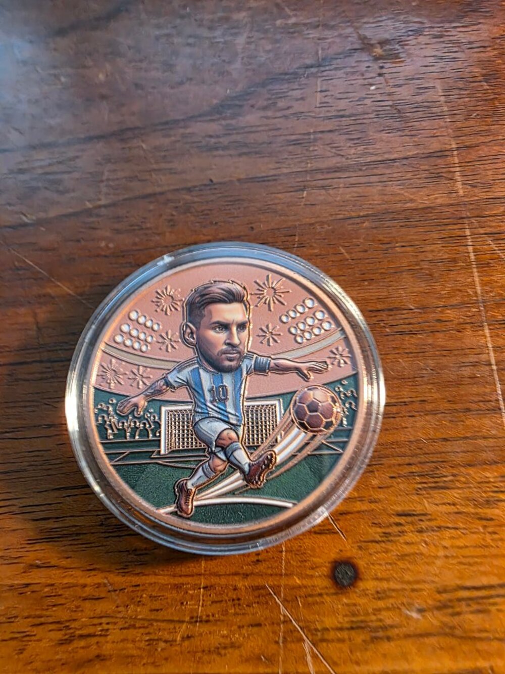 1 OZ COLORIZED MESSI COPPER ROUND -ARGENTINA FOOTBALL SOCCER BALL FIFA